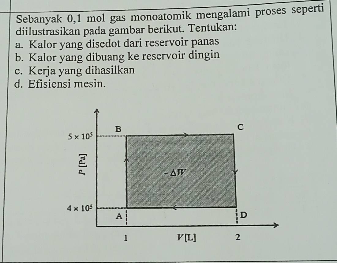 Sebanyak 0,1 mol gas monoatomik mengalami proses seperti
diilustrasikan pada gambar berikut. Tentukan:
a. Kalor yang disedot dari reservoir panas
b. Kalor yang dibuang ke reservoir dingin
c. Kerja yang dihasilkan
d. Efisiensi mesin.