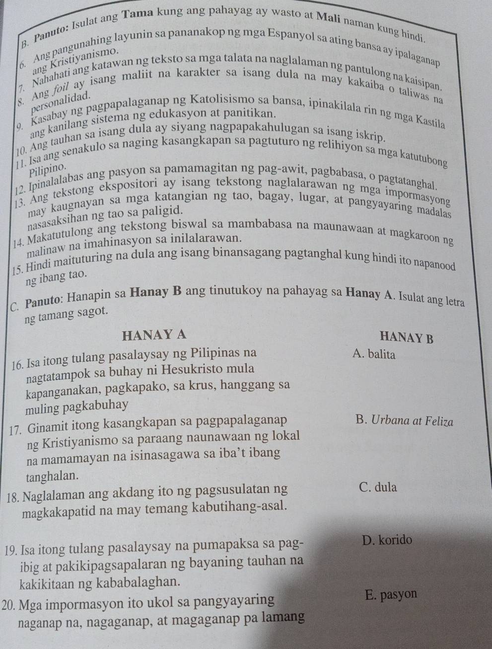 Solved: Panuto: Isulat ang Tama kung ang pahayag ay wasto at Mali naman ...