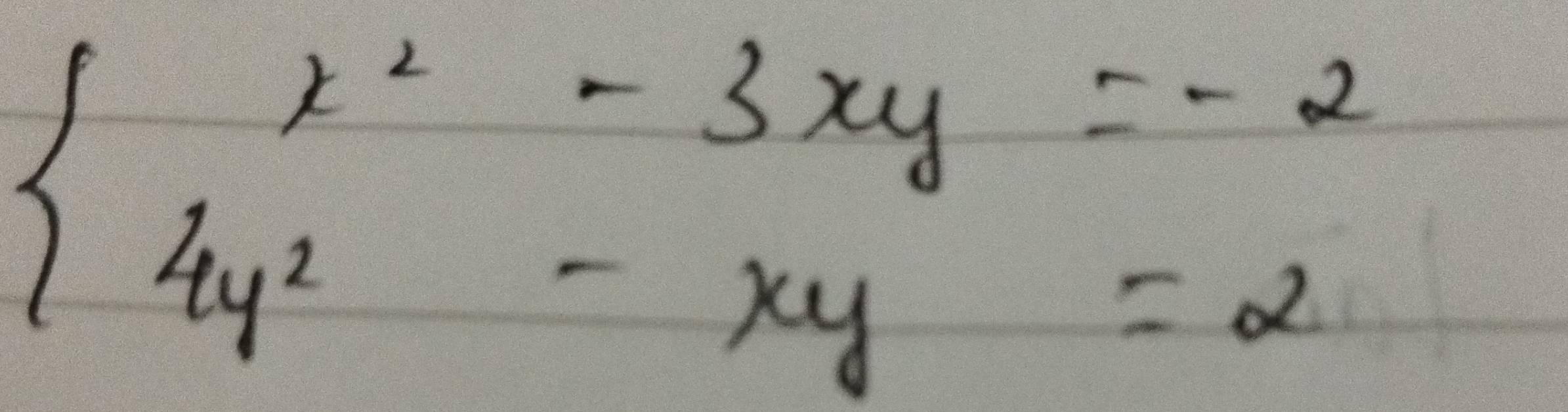 beginarrayl x^2-3xy=-2 4y^2-xy=2endarray.