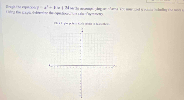 Graph the equation y=x^2+10x+24 on the accompanying set of axes. You must plot 5 points including the roots a 
Using the graph, determine the equation of the axis of symmetry. 
Click to plot points. Click points to delete them.