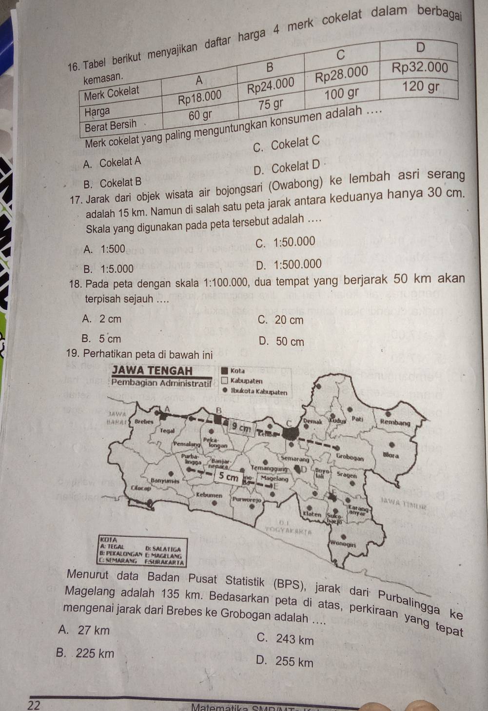 merk cokelat dalam berbaga
Merk coke
C. Cokelat
A. Cokelat A
D. Cokelat D
B. Cokelat B
17. Jarak dari objek wisata air bojongsari (Owabong) ke lembah asri serang
adalah 15 km. Namun di salah satu peta jarak antara keduanya hanya 30 cm.
Skala yang digunakan pada peta tersebut adalah ..
A. 1:500
C. 1:50.000
B. 1:5.000
D. 1:500.000
18. Pada peta dengan skala 1:100.000 , dua tempat yang berjarak 50 km akan
terpisah sejauh ....
A. 2 cm C. 20 cm
B. 5 cm D. 50 cm
19. Perhatikan peta di bawah ini
Menurut data Badan Pusat Statistik (BPS), jarak dari Purbalingga ke
Magelang adalah 135 km. Bedasarkan peta di atas, perkiraan yang tepat
mengenai jarak dari Brebes ke Grobogan adalah ....
A. 27 km
C. 243 km
B. 225 km D. 255 km
22
Matematike