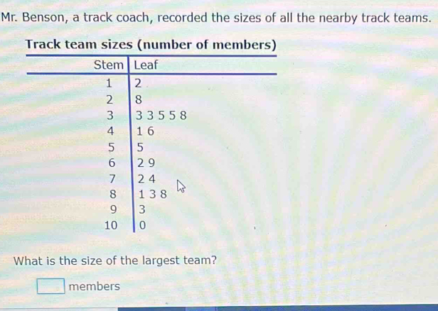 Mr. Benson, a track coach, recorded the sizes of all the nearby track teams. 
Track team sizes (number of members) 
What is the size of the largest team? 
members