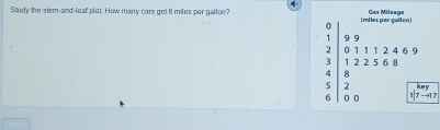Saudy the stem-and-lear plot. How many cars get 8 miles per gallon? (miles per gailon) Gas Mileage
0
1 9 9
2 0 1 1 1 2 4 6 9
3 1 2 2 5 6 8
4 8
5 2 kery
6 0 D 1| 7 →1 7