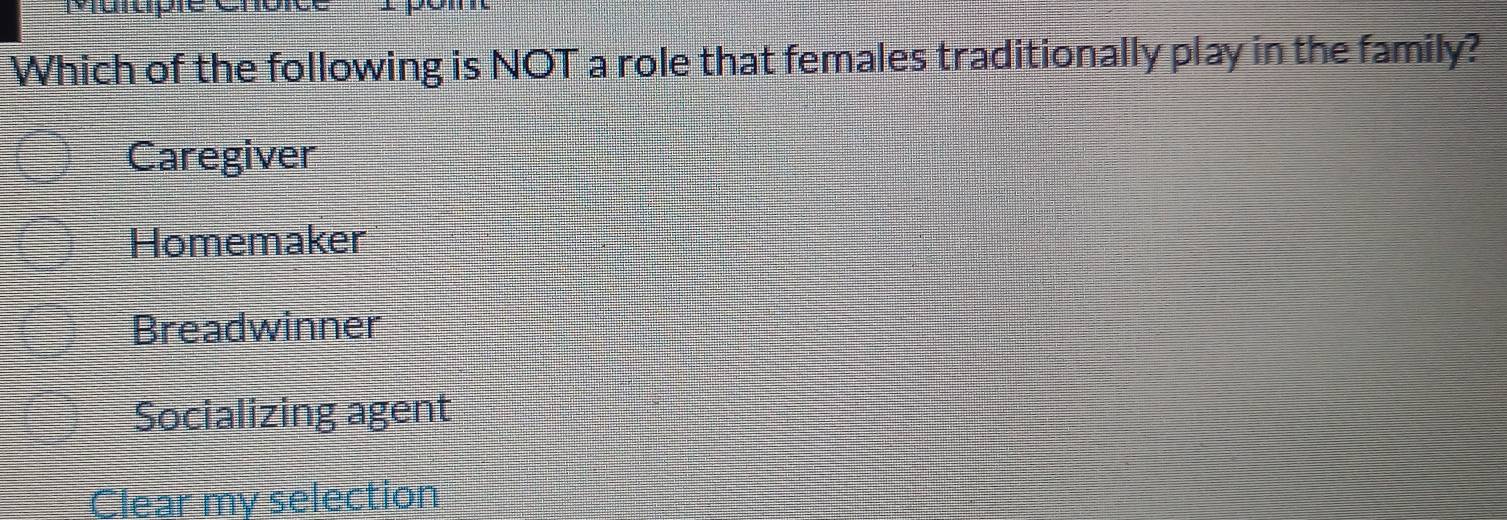 Which of the following is NOT a role that females traditionally play in the family?
Caregiver
Homemaker
Breadwinner
Socializing agent
Clear my selection