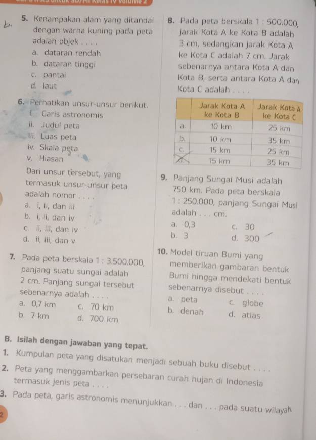 Kenampakan alam yang ditandai 8. Pada peta berskala 1:500. 000
dengan warna kuning pada peta jarak Kota A ke Kota B adalah
adalah objek .... 3 cm, sedangkan jarak Kota A
a. dataran rendah ke Kota C adalah 7 cm. Jarak
b. dataran tinggi sebenarnya antara Kota A dan
c. pantai Kota B, serta antara Kota A dan
d. laut Kota C adalah . . . .
6. Perhatikan unsur-unsur berikut.
i. Garis astronomis 
ii. Judul peta 
iii. Luas peta 
iv. Skala peta 
v. Hiasan 
Dari unsur tersebut, yang 9. Panjang Sungai Musi adalah
termasuk unsur-unsur peta 750 km. Pada peta berskala
adalah nomor . . . . 1 : 250.000, panjang Sungai Musi
a. i, ii, dan iii adalah . . . cm.
b. i, ii, dan iv a. 0,3 c. 30
c. ii, iii, dan iv b. 3 d. 300
d. ii, iii, dan v 10. Model tiruan Bumi yang
7. Pada peta berskala 1:3.50 00.0○□, memberikan gambaran bentuk
panjang suatu sungai adalah Bumi hingga mendekati bentuk
2 cm. Panjang sungai tersebut sebenarnya disebut . . . .
sebenarnya adalah . . . . a. peta c. globe
a. 0,7 km c. 70 km b. denah d. atlas
b. 7 km d. 700 km
B. Isilah dengan jawaban yang tepat.
1. Kumpulan peta yang disatukan menjadi sebuah buku disebut . . . .
2. Peta yang menggambarkan persebaran curah hujan di Indonesia
termasuk jenis peta . . . .
3. Pada peta, garis astronomis menunjukkan . . . dan . . . pada suatu wilayah.
2