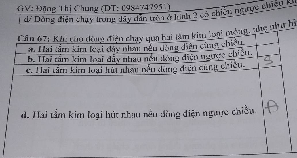 GV: Đặng Thị Chung (ĐT: 0984747951) 
d/ Dòng điện chạy trong dây dẫn tròn ở hình 2 có chiều ngược chiếu Kỳ 
hì