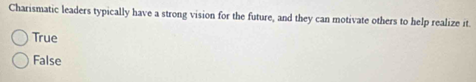 Charismatic leaders typically have a strong vision for the future, and they can motivate others to help realize it.
True
False