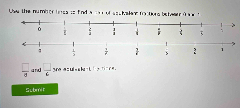 Use the number lines to find a pair of equivalent fractions between 0 and 1.
 □ /8  and  □ /6  are equivalent fractions.
Submit