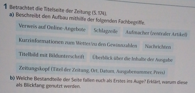 Betrachtet die Titelseite der Zeitung (S.174). 
a) Beschreibt den Aufbau mithilfe der folgenden Fachbegriffe. 
Verweis auf Online-Angebote Schlagzeile Aufmacher (zentraler Artikel) 
Kurzinformationen zum Wetter/zu den Gewinnzahlen Nachrichten 
Titelbild mit Bildunterschrift Überblick über die Inhalte der Ausgabe 
Zeitungskopf (Titel der Zeitung, Ort, Datum, Ausgabenummer, Preis) 
b) Welche Bestandteile der Seite fallen euch als Erstes ins Auge? Erklärt, warum diese 
als Blickfang genutzt werden.