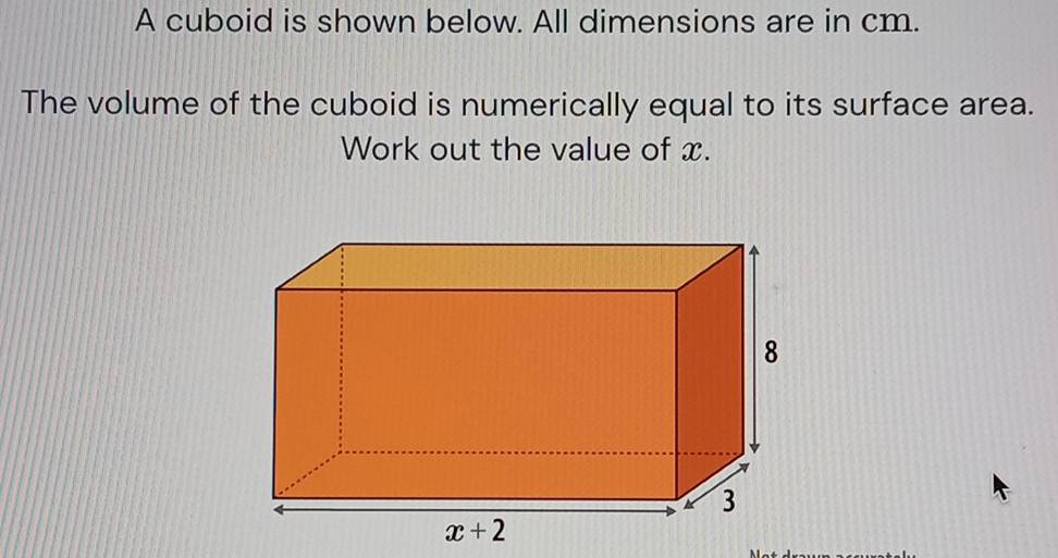 A cuboid is shown below. All dimensions are in cm.
The volume of the cuboid is numerically equal to its surface area.
Work out the value of x.