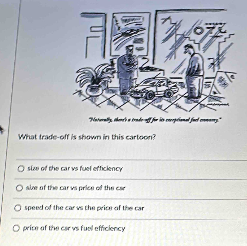 What trade-off is shown in this cartoon? 
_ 
size of the car vs fuel efficiency 
_ 
size of the car vs price of the car 
_ 
speed of the car vs the price of the car 
_ 
price of the car vs fuel efficiency