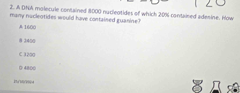 A DNA molecule contained 8000 nucleotides of which 20% contained adenine, How
many nucleotides would have contained guanine?
A 1600
B 2400
C 3200
D 4800
25/10/2024