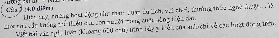 trong bái thờ ở phan 
Câu 2 (4.0 điểm) 
Hiện nay, những hoạt động như tham quan du lịch, vui chơi, thưởng thức nghệ thuật... là 
một nhu cầu không thể thiếu của con người trong cuộc sống hiện đại. 
Viết bài văn nghị luận (khoảng 600 chữ) trình bày ý kiến của anh/chị về các hoạt động trên.