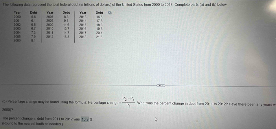 The following data represent the total federal debt (in trillions of dollars) of the United States from 2000 to 2018. Complete parts (a) and (b) below 
(b) Percentage change may be found using the formula: Percentage change ge=frac P_2-P_1P_1 What was the percent change in debt from 2011 to 2012? Have there been any years w
2000)? 
The percent change in debt from 2011 to 2012 was 10.9 %. 
(Round to the nearest tenth as needed.)