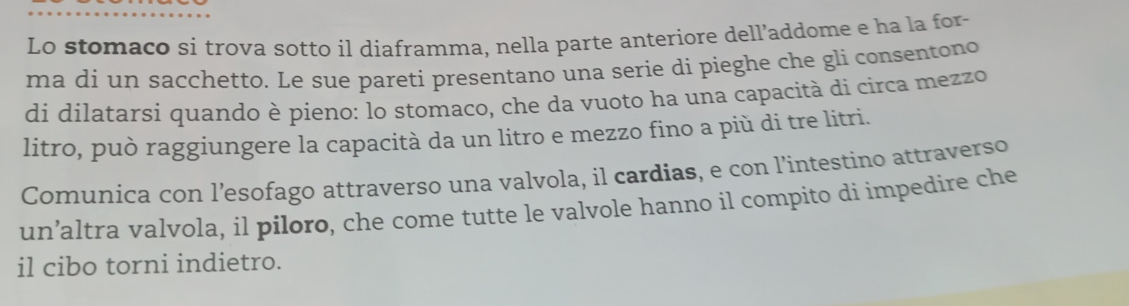 Lo stomaco si trova sotto il diaframma, nella parte anteriore dell’addome e ha la for- 
ma di un sacchetto. Le sue pareti presentano una serie di pieghe che gli consentono 
di dilatarsi quando è pieno: lo stomaco, che da vuoto ha una capacità di circa mezzo 
litro, può raggiungere la capacità da un litro e mezzo fino a più di tre litri. 
Comunica con l’esofago attraverso una valvola, il cardias, e con l’intestino attraverso 
un’altra valvola, il piloro, che come tutte le valvole hanno il compito di impedire che 
il cibo torni indietro.