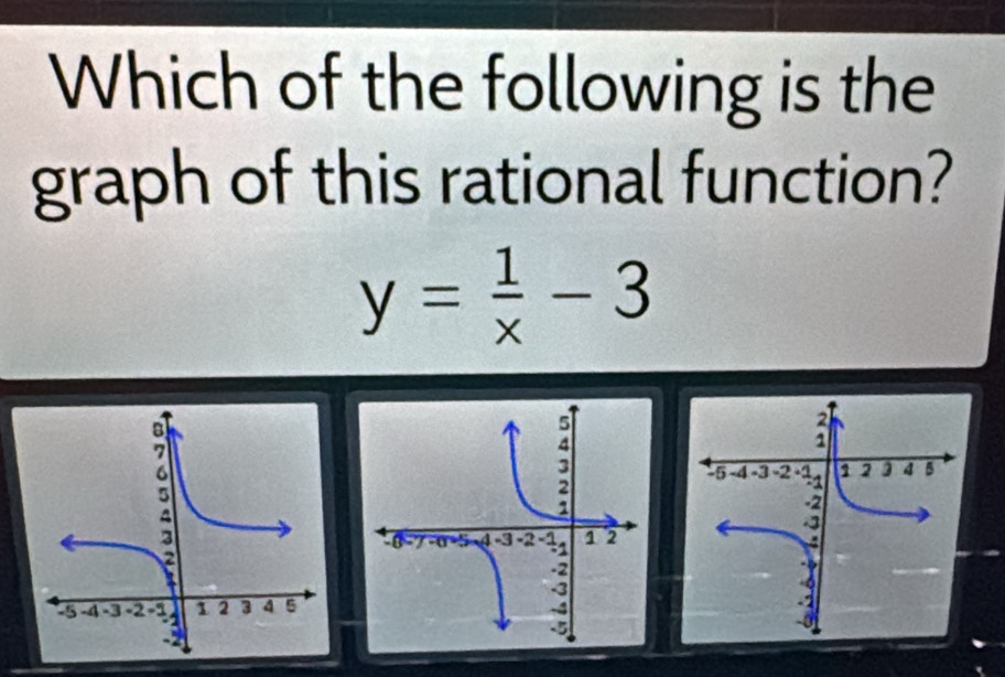 Which of the following is the 
graph of this rational function?
y= 1/x -3