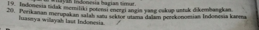 whayan Indonesia bagian timur. 
19. Indonesia tidak memiliki potensi energi angin yang cukup untuk dikembangkan. 
20. Perikanan merupakan salah satu sektor utama dalam perekonomian Indonesia karena 
luasnya wilayah laut Indonesia.