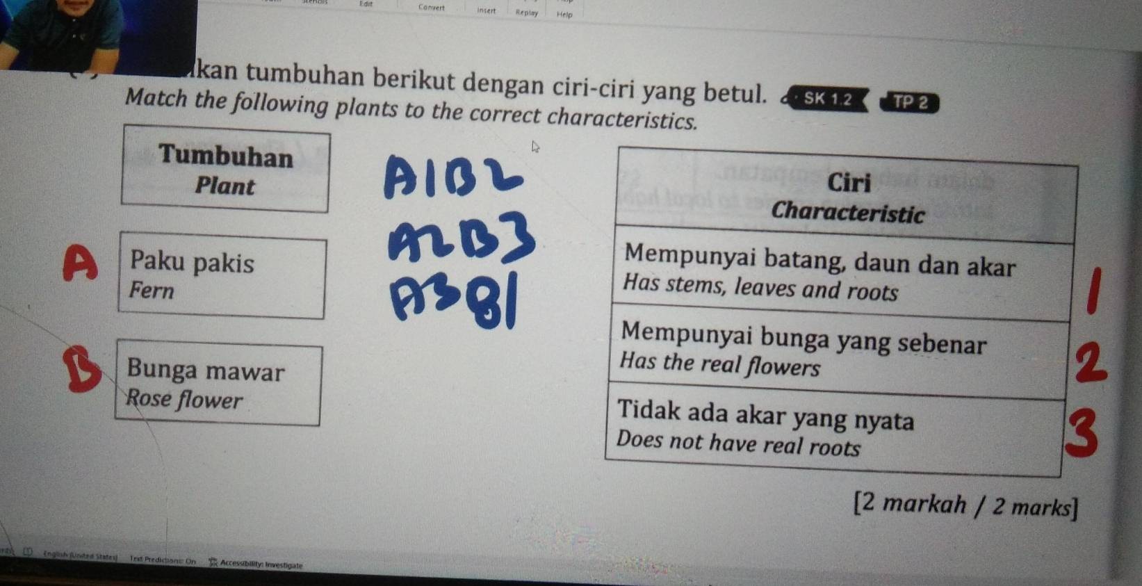 Comert insert Replay Help 
ikan tumbuhan berikut dengan ciri-ciri yang betul. SK 1.2 TP 2 
Match the following plants to the correct characteristics. 
Tumbuhan 
Plant 
Paku pakis 
Fern 
1B 
Bunga mawar 
Rose flower 
[2 markah / 2 marks] 
(nglish (Unted States) Text Predicions: On Accessibility: Investiga