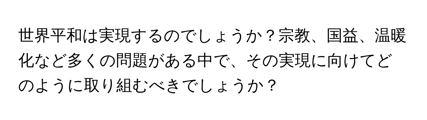 世界平和は実現するのでしょうか？宗教、国益、温暖化など多くの問題がある中で、その実現に向けてどのように取り組むべきでしょうか？