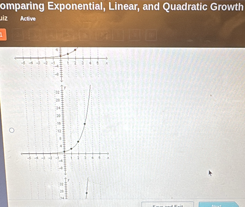 omparing Exponential, Linear, and Quadratic Growth 
uiz Active 
1 
a 
` y
32
28
24
Navt