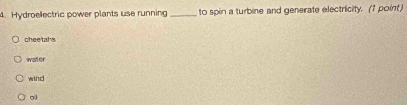 Hydroelectric power plants use running _to spin a turbine and generate electricity. (1 point)
cheetahs
water
wind
ai