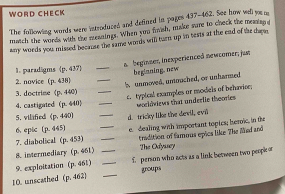 WOR D CHECK 
The following words were introduced and defined in pages 437-462. See how well you ca 
match the words with the meanings. When you finish, make sure to check the meanings o 
any words you missed because the same words will turn up in tests at the end of the chapter 
a. beginner, inexperienced newcomer; just 
1. paradigms (p. 437) _ 
beginning, new 
2. novice (p. 438) 
_b. unmoved, untouched, or unharmed 
3. doctrine (p. 440)
4. castigated (p. 440) __c. typical examples or models of behavior; 
worldviews that underlie theories 
5. vilified (p. 440)
_d. tricky like the devil, evil 
6. epic (p. 445)
7. diabolical (p. 453) __e. dealing with important topics; heroic, in the 
tradition of famous epics like The Iliad and 
8. intermediary (p. 461) The Odyssey 
9. exploitation (p. 461) __f. person who acts as a link between two people or 
10. unscathed (p. 462) _groups