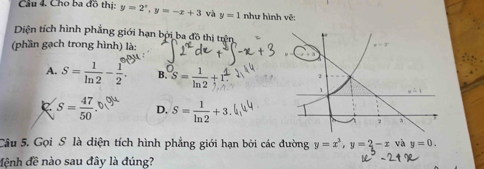 Cho ba đồ thị: y=2^x,y=-x+3 và y=1 như hình vẽ:
Diện tích hình phẳng giới hạn bởi ba đồ thị trên
(phần gạch trong hình) là:
A. S= 1/ln 2 - 1/2 . B. S= 1/ln 2 +1 4/.. 
C S= 47/50 .
D. S= 1/ln 2 +3.
Câu 5. Gọi S là diện tích hình phẳng giới hạn bởi các đường y=x^3,y=2-x và y=0.
Mệnh đề nào sau đây là đúng?