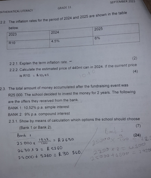 SEPTEMBER 2023 
MATHEMATICAL LITERACY GRADE 11 
2The inflation rates for the period of 2024 and 2025 are shown in the table 
(2) 
2.2.1. Explain the term inflation rate. 
2.2.2. Calculate the estimated price of 440ml can in 2024. If the current price 
(4) 
is R10. 
2.3. The total amount of money accumulated after the fundraising event was
R25 000. The school decided to invest the money for 2 years. The following 
are the offers they received from the bank. 
BANK 1: 10,52% p.a. simple interest 
BANK 2: 9% p.a. compound interest 
2.3.1. Show by means of calculation which options the school should choose 
(Bank 1 or Bank 2). (7) 
(24)