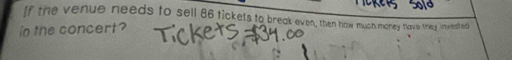 If the venue needs to sell 86 tickets to break even, then how much money have they invested 
in the concert ?