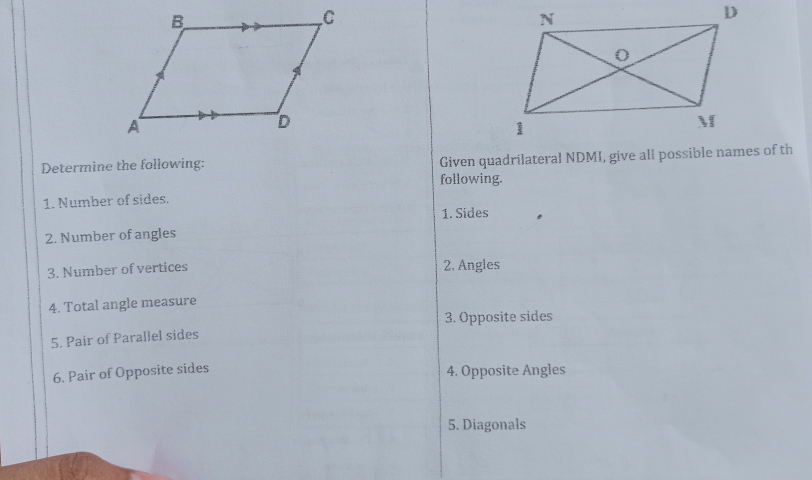 Determine the following: Given quadrilateral NDMI, give all possible names of th 
following. 
1. Number of sides. 
1. Sides 
2. Number of angles 
3. Number of vertices 2, Angles 
4. Total angle measure 
3. Opposite sides 
5. Pair of Parallel sides 
6. Pair of Opposite sides 
4. Opposite Angles 
5. Diagonals