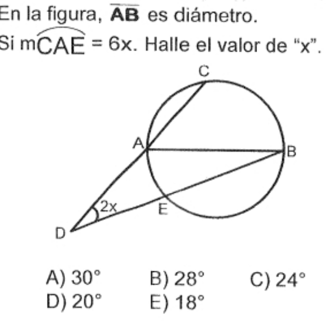 En la figura, overline AB es diámetro.
: moverline CAE=6x. Halle el valor de “ x ”.
A) 30° B) 28° C) 24°
D) 20° E) 18°