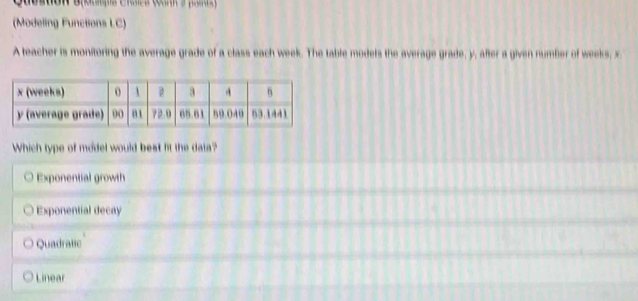 (Modeling Functions LC)
A teacher is monitoring the average grade of a class each week. The table models the average grade, y, after a given number of weeks, x
Which type of model would best fit the data?
Exponential growth
Exponential decay
Quadratic
Linear