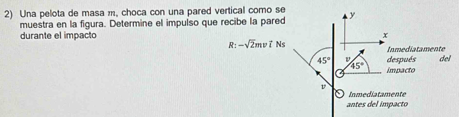 Una pelota de masa m, choca con una pared vertical como s
muestra en la figura. Determine el impulso que recibe la pare
durante el impacto
R:-sqrt(2)mvvector tNs