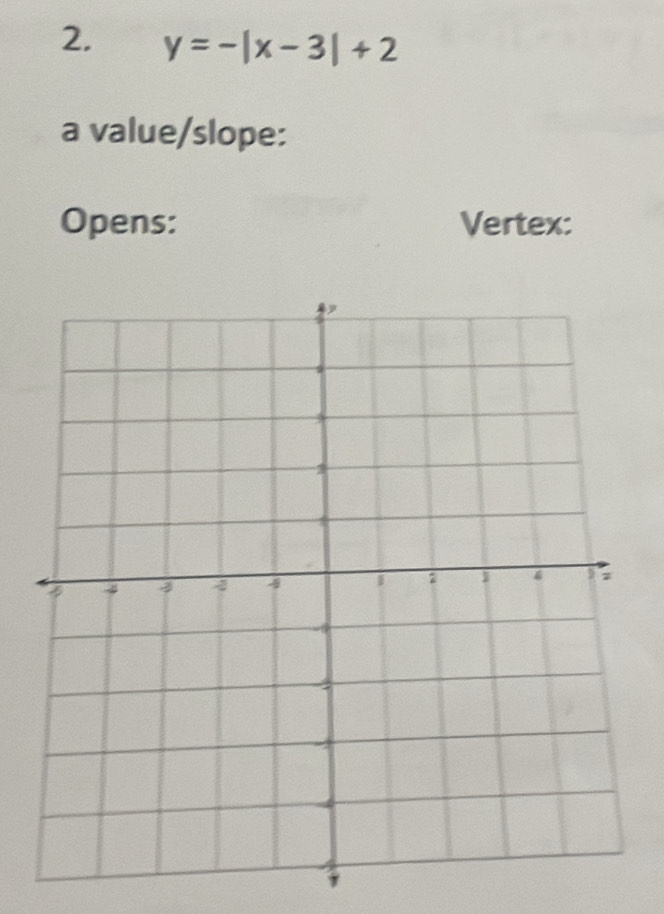 y=-|x-3|+2
a value/slope: 
Opens: Vertex: 
1