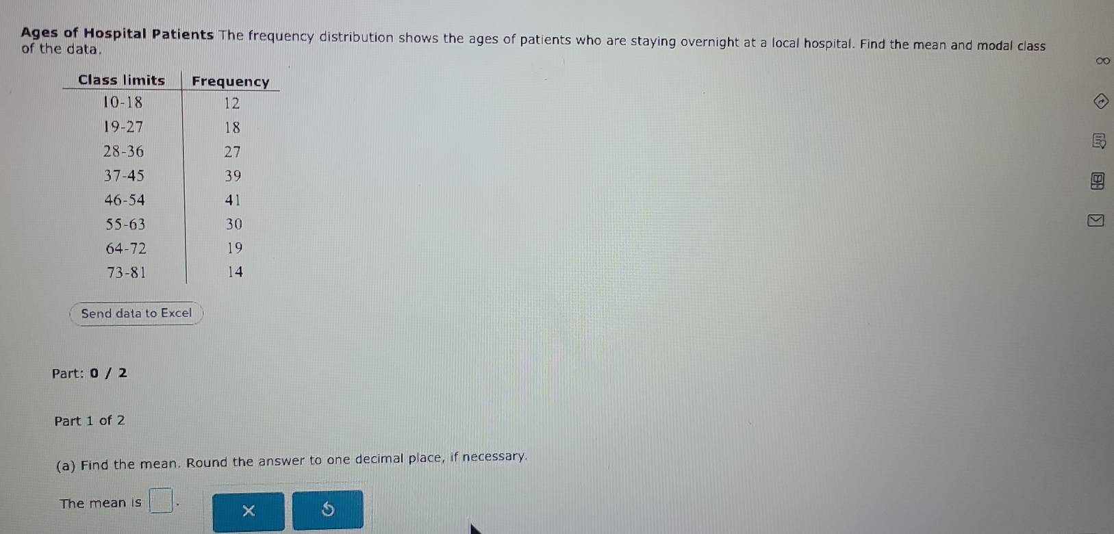 Ages of Hospital Patients The frequency distribution shows the ages of patients who are staying overnight at a local hospital. Find the mean and modal class 
of the data. 
∞ 
Send data to Excel 
Part: 0 / 2 
Part 1 of 2 
(a) Find the mean. Round the answer to one decimal place, if necessary. 
The mean is □.