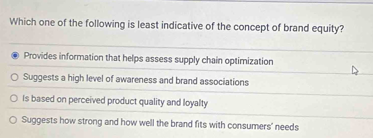 Which one of the following is least indicative of the concept of brand equity?
Provides information that helps assess supply chain optimization
Suggests a high level of awareness and brand associations
Is based on perceived product quality and loyalty
Suggests how strong and how well the brand fits with consumers’ needs