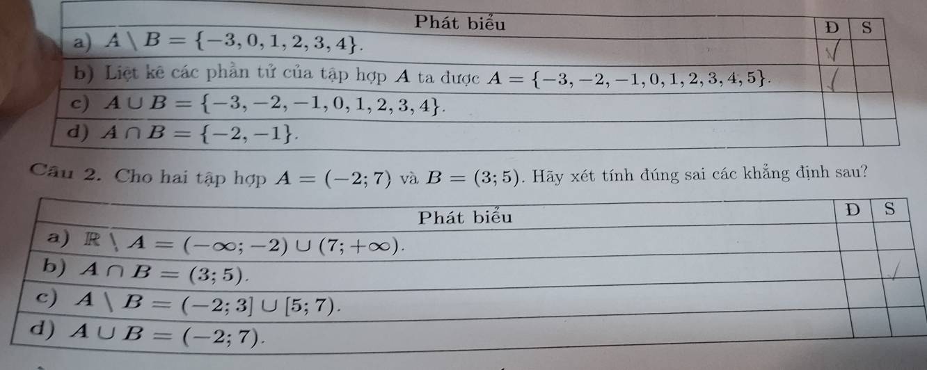 Cầu 2. Cho hai tập hợp A=(-2;7) và B=(3;5). Hãy xét tính đúng sai các khẳng định sau?