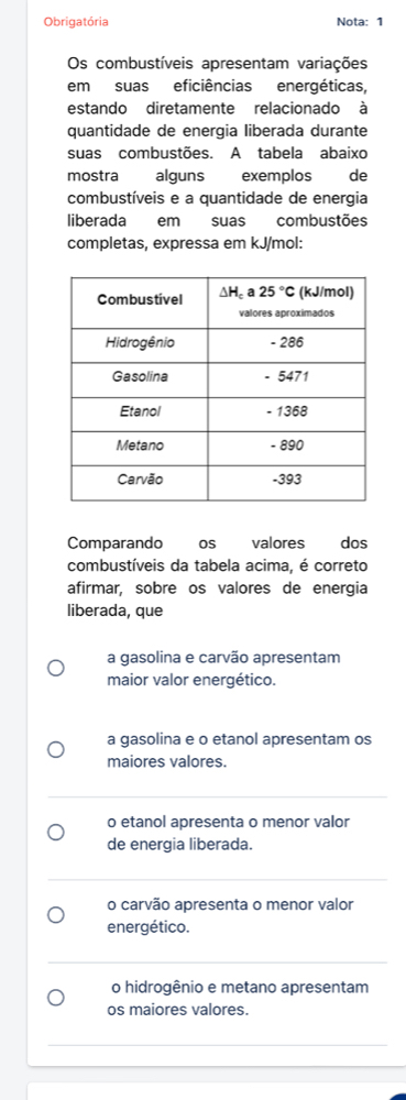 Obrigatória Nota: 1
Os combustíveis apresentam variações
em suas eficiências energéticas,
estando diretamente relacionado à
quantidade de energia liberada durante
suas combustões. A tabela abaixo
mostra alguns exemplos de
combustíveis e a quantidade de energia
liberada em suas combustões
completas, expressa em kJ/mol:
Comparando os valores dos
combustíveis da tabela acima, é correto
afirmar, sobre os valores de energia
liberada, que
a gasolina e carvão apresentam
maior valor energético.
a gasolina e o etanol apresentam os
maiores valores.
o etanol apresenta o menor valor
de energia liberada.
o carvão apresenta o menor valor
energético.
o hidrogênio e metano apresentam
os maiores valores.