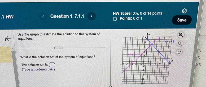 HW Score: 0%, 0 of 14 points
.1 HW Question 1, 7.1.1 Points: 0 of 1
Save
Use the graph to estimate the solution to this system of
equations.
1)
What is the solution set of the system of equations? (1)
The solution set is  □  . D/1)
(Type an ordered pair.)