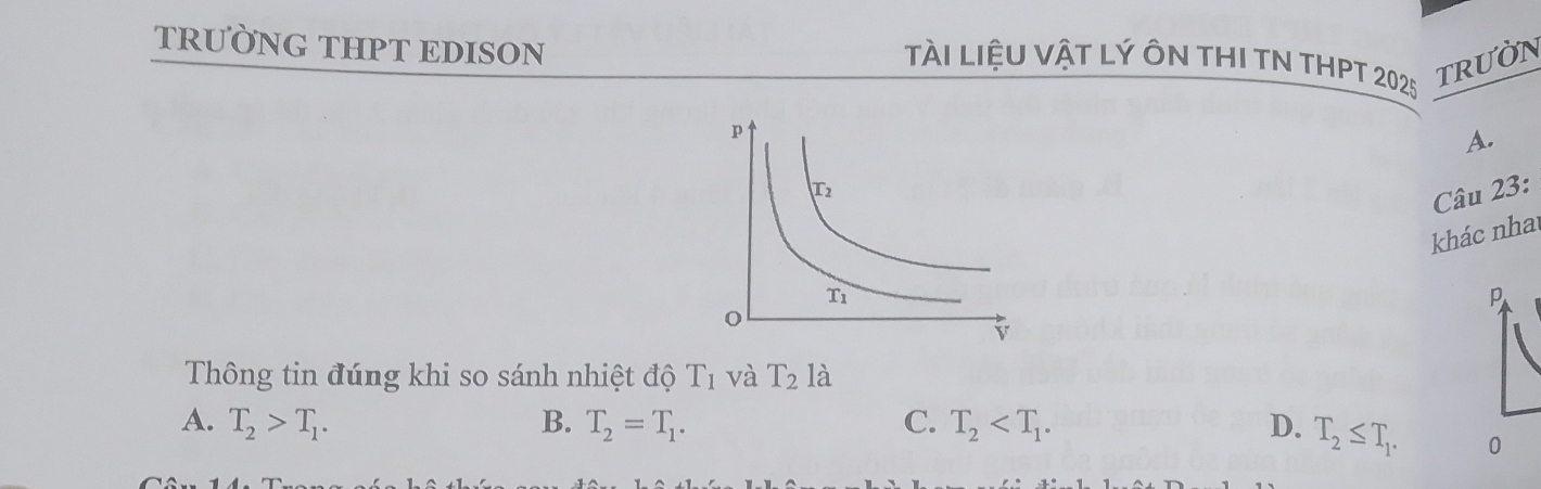 TRƯỜNG THPT EDISON
Tài LiệU vật Lý ôn tHI TN tHPT 2025
TRUON
A.
Câu 23:
khác nha
p
Thông tin đúng khi so sánh nhiệt độ T_1 và T_2 là
A. T_2>T_1. B. T_2=T_1. C. T_2 D. T_2≤ T_1. 0