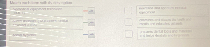 Match each term with its description
biomedical equipment technician maintains and operates medical
(BME1) equipment
dental assistant (DA)/certified dental examines and cleans the teeth and
assistant (CDA) mouth and educates patients
prepares dental tools and materals
dental hygienist and helps dentists and hygienists