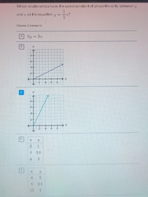 Which relationships have the same constant of proportionality betweeny
and x as the equation y= 1/2 x ?
Choose 3 answers
A 6y=3x
B
c
D 
[