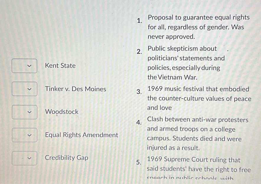 Proposal to guarantee equal rights 
for all, regardless of gender. Was 
never approved. 
2. ₹Public skepticism about 
politicians' statements and 
Kent State policies, especially during 
the Vietnam War. 
Tinker v. Des Moines 3. 1969 music festival that embodied 
the counter-culture values of peace 
and love 
Woodstock 
4. Clash between anti-war protesters 
and armed troops on a college 
Equal Rights Amendment campus. Students died and were 
injured as a result. 
Credibility Gap 1969 Supreme Court ruling that 
5. 
said students' have the right to free 
sneoch in nublic schools with