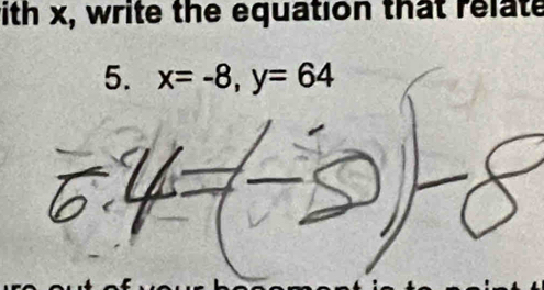 with x, write the equation that relate 
5. x=-8, y=64