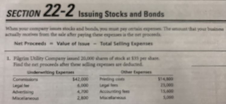 Issuing Stocks and Bonds 
When your company issues stocks and bonds, you must pay certain expenses. The amount that your business 
actually receives from the sale after paying these expenses is the net proceeds. 
Net Proceeds = Value of Issue - Total Selling Expenses 
1. Pilgrim Utility Company issued 20,000 shares of stuck at $35 per share. 
Find the net proceeds after these selling expenses sex deducted. 
_ 
Underwriting Expenses Other Expenses 
Commissions $42,000 Printing costs 4,300
Legal fee 6,000 (Lngal) fines 23,000
Advertising A, P00 Accsunting fees 15,600
Miscelianeous 2,800 Miscelanesus 5,000