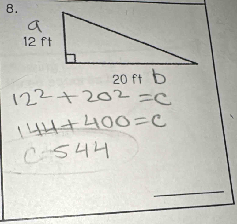 12^2+20^2=c
144+400=c
c≤ 44