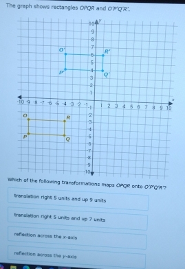 The graph shows rectangles OPQR and O'P'Q'R'.
translation right 5 units and up 9 units
transiation right 5 units and up 7 units
refection across the x-axis
reflection across the y-axis