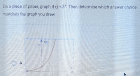 On a piece of paper, graph f(x)=3^x Then determine which answer choice 
matches the graph you drew. 
A.