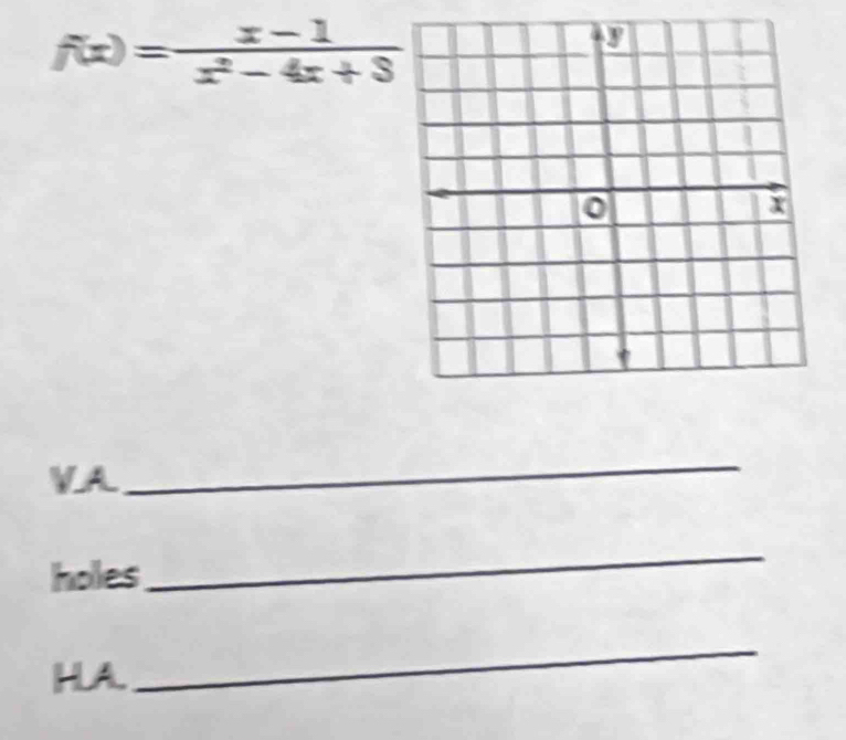 f(x)= (x-1)/x^2-4x+3 
VA 
_ 
holes 
_ 
HA. 
_