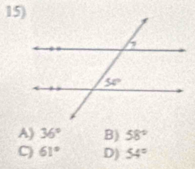 A) 36° B) 58°
C 61° D) 54°